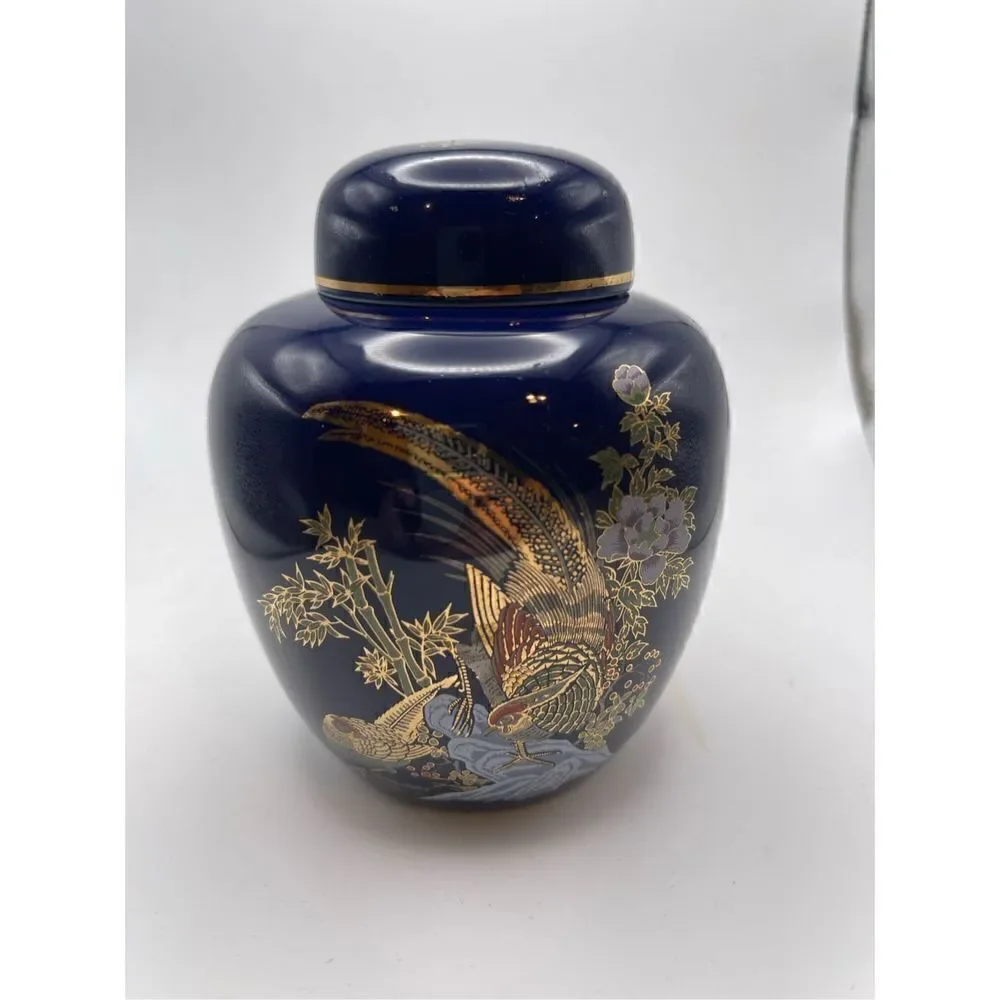 Ginger Jar vintage blue cobalt pheasant gold trimmed